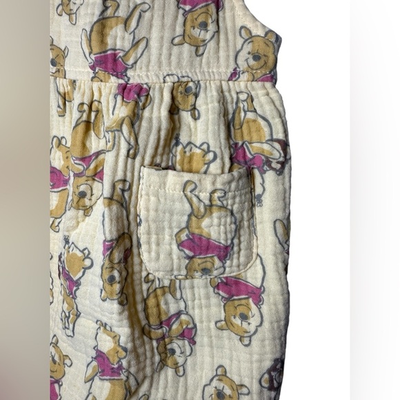 Disney Baby Winnie the Pooh Yellow Overalls Jumper 12M Muslin Cotton Romper - Picture 2 of 8